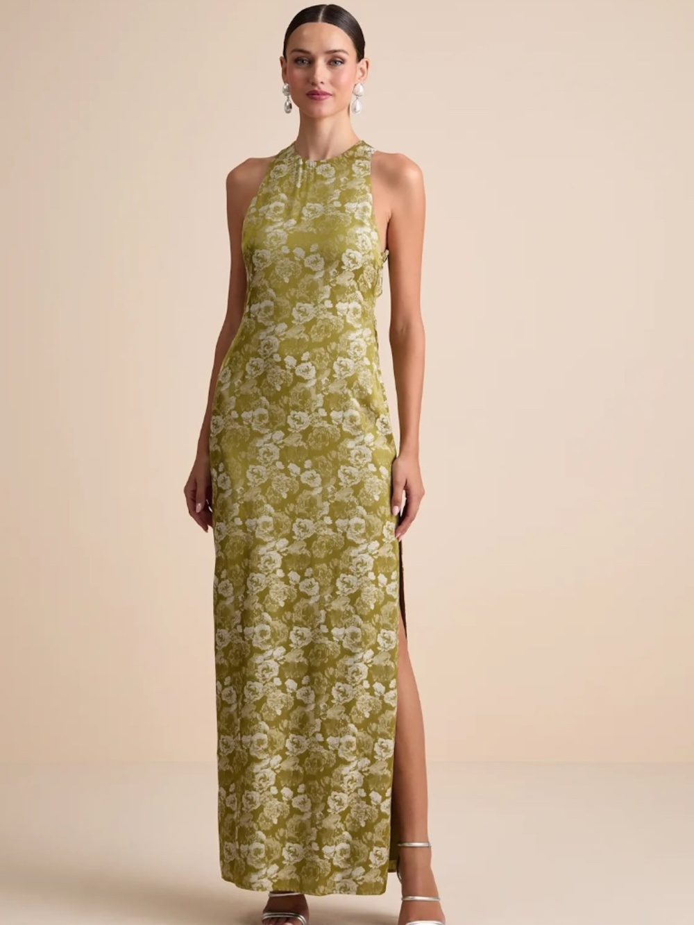 Lulus Lamila Chartreuse Floral Satin Column Maxi Dress Green - Size S - Picture 2 of 6